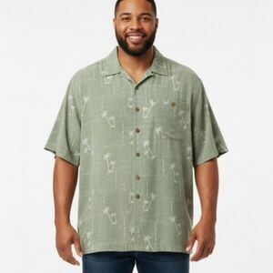 Silk Hawaiian Shirt 2XL Green Aloha Lounge Coconut Buttons Caribbean Joe